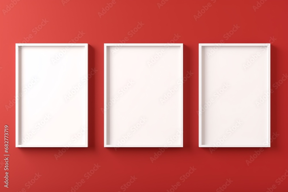 a group of white frames on a red wall