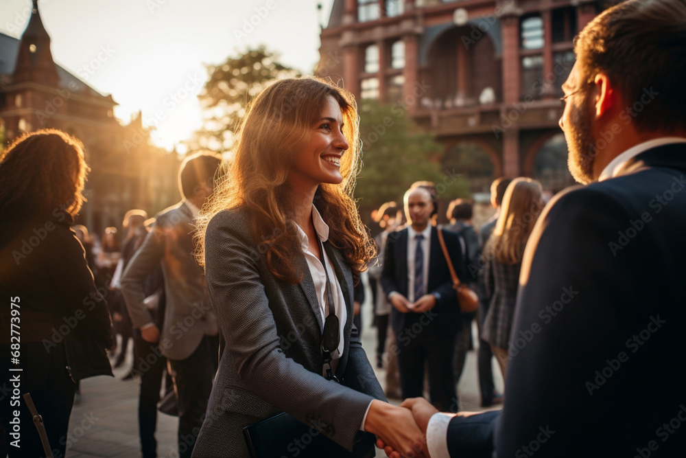A precious scene of a smiling blonde woman in a suit shaking hands with another businessman in a bustling city square with warm sunlight. Generative AI.