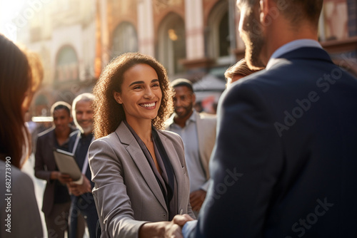 A precious scene of a smiling blonde woman in a suit shaking hands with another businessman in a bustling city square with warm sunlight. Generative AI.