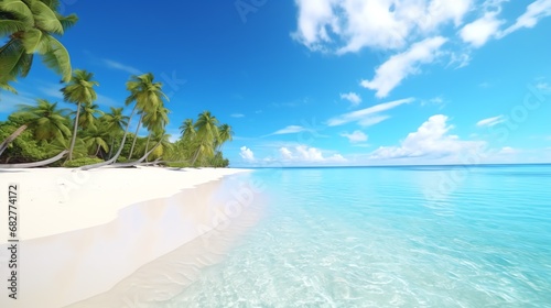 a beach with palm trees and blue water