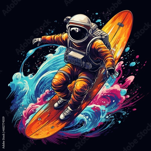 An astronaut wearing a Hawaiian shirt surfing on the moon © somsong