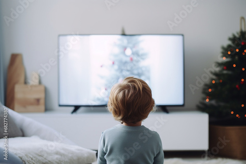 Back view portrait of a little blond toddler sitting and watching a television in a cozy living room on a winter holiday. Generative AI.