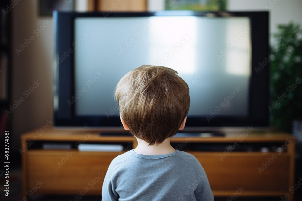 Back view portrait of a little blond toddler sitting and watching a television in a cozy living room on a winter holiday. Generative AI. Back view portrait of a little blond toddler sitting and watching a television in a cozy living room on a winter holiday. Generative AI.