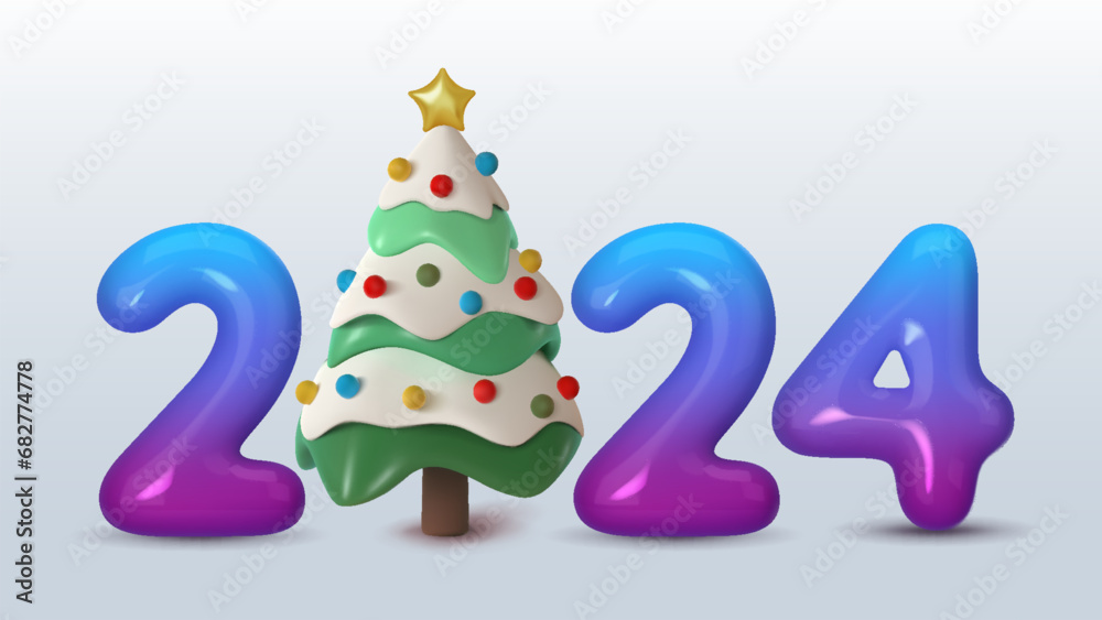 Naklejka premium 2024, banner with Christmas tree and blue numbers. 3D vector illustration. Merry Christmas and Happy New Year celebration
