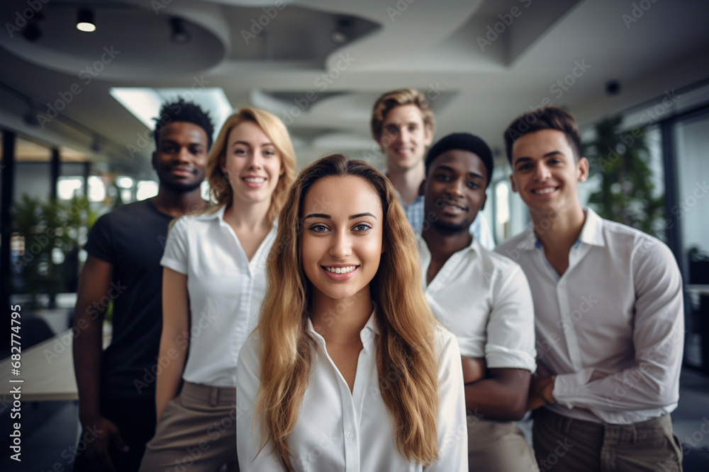 Group of young business people posing as a team in the office