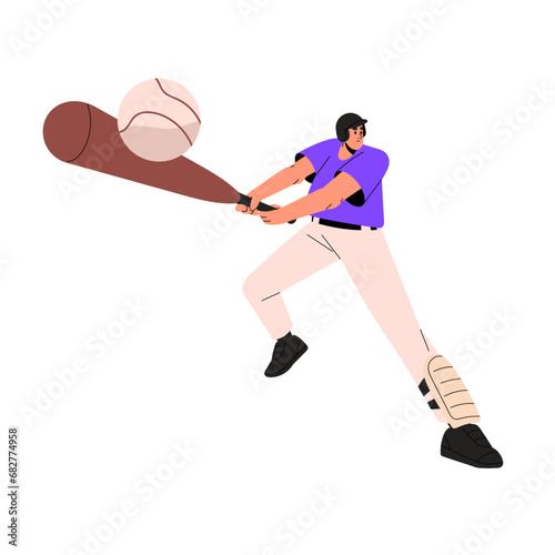 Baseball player strike, hit ball by bat. Sportsman in helmet, safety uniform play in team field game. Professional batter, hitter on match, sport training. Flat isolated vector illustration on white