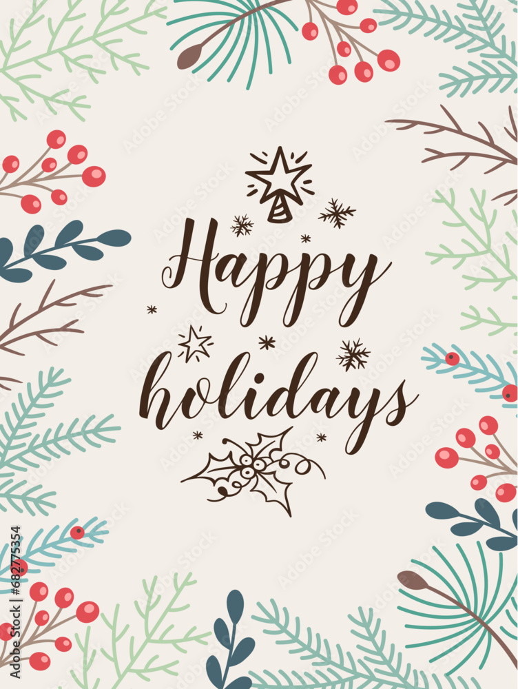 Christmas card with evergreen plants and lettering Christmas card with evergreen plants and lettering