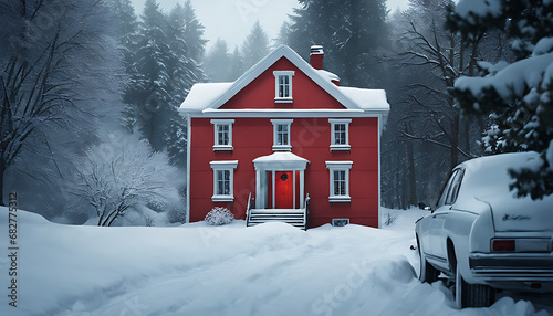 A snow-covered house with a red door surrounded by snowy trees on a street, its cozy interior visible through snow-dusted windows, creates a peaceful winter wonderland scene.
