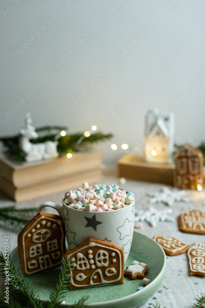 Christmas Decoration Food Cookies and Hot Chocolate with Marshmallow Decor New Year Party Concept Background
