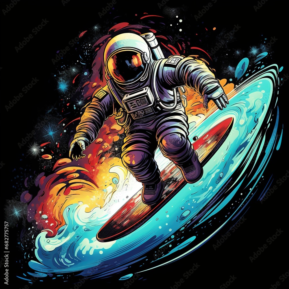 Obraz premium An astronaut wearing a Hawaiian shirt surfing on the moon