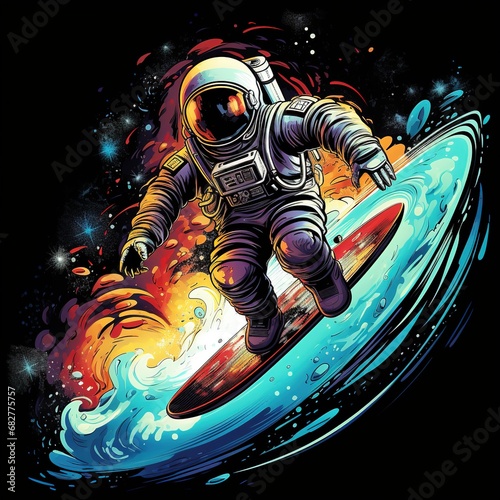 An astronaut wearing a Hawaiian shirt surfing on the moon © somsong