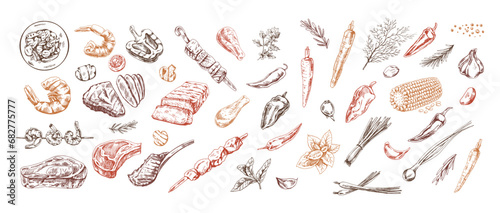 A set of hand-drawn sketches of barbecue and picnic elements. For the design of the menu of restaurants and cafes, grilled food. Doodle vintage illustration. Engraved image.