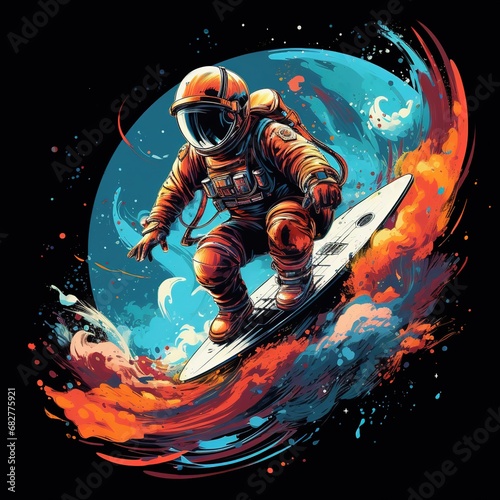 An astronaut wearing a Hawaiian shirt surfing on the moon