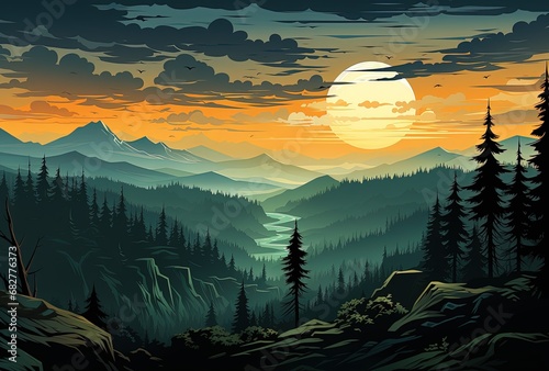 Tranquil Sunset Landscape with Mountains, River, and Evergreen Trees
