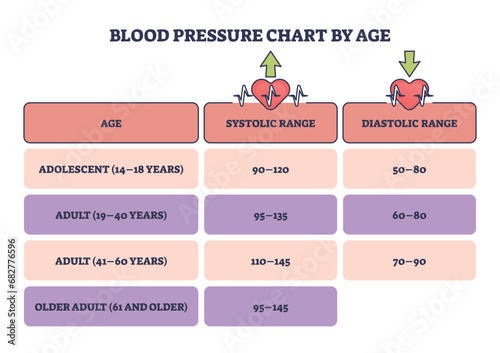 Blood pressure chart by age as systolic or diastolic readings outline diagram. Labeled educational chart with adolescent, adult and older heart normal rate level vector illustration. Cardiology check
