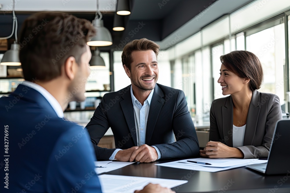 A professional business meeting in an office where a diverse team discusses plans, strategies and documents. A professional business meeting in an office where a diverse team discusses plans, strategies and documents.