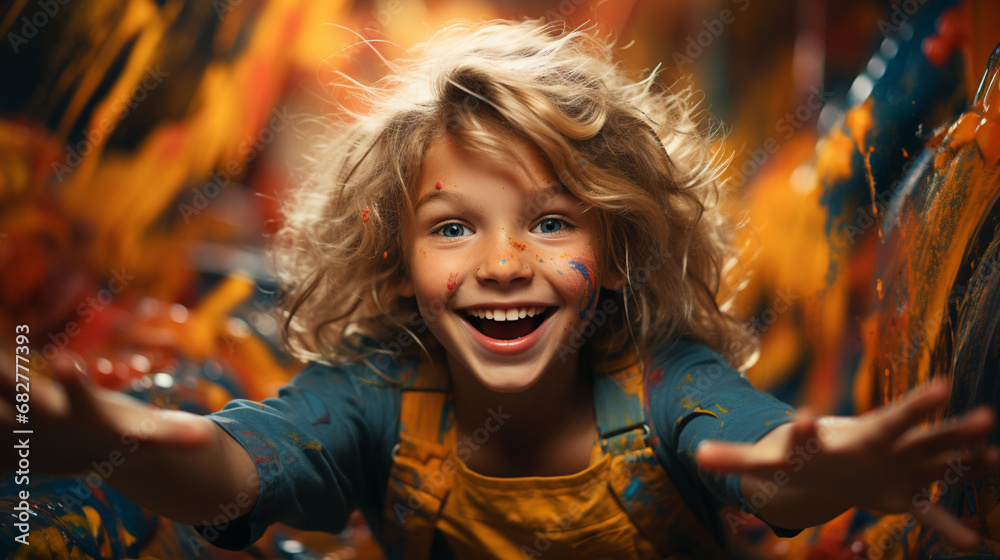 Cheerful and creative little girl, playing with colors and painting on her hands. Joyful girl playing with colors, exploring creativity in a lively room.