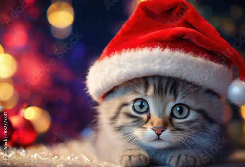 little cute cat in Santa Claus hat on christmas lights bokeh background