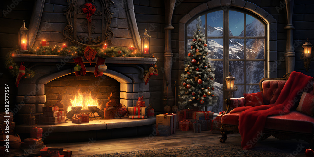 Enchanting Christmas Atmosphere, Illuminated Tree, Fireplace, and Gifts
