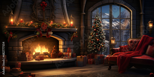 Enchanting Christmas Atmosphere, Illuminated Tree, Fireplace, and Gifts 