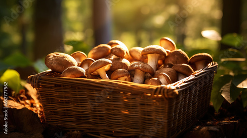 Champignon mushrooms in a wooden basket on a blurred background of the autumn forest. Generative AI