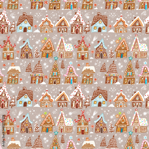 Festive pattern with decorated gingerbread houses, intermingled with Christmas trees, sweets and snowflakes on beige background.