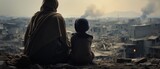 Woman and child overlooking war-torn cityscape. Conflict aftermath and hope.