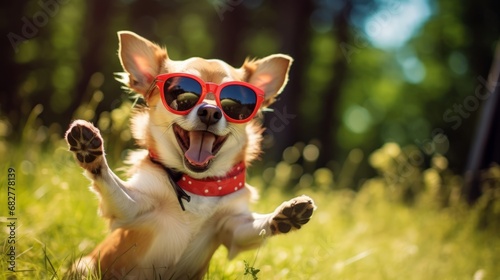 Joyful Soccer Chihuahua: Cute Dog with Ball and Laughter, Sporting Red Sunglasses in Park Meadow Scene © Ashi