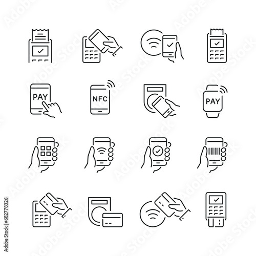 Vector line set of icons related with cashless payment. Contains monochrome icons like credit card, smartphone, pos, contactless, nfc, cashless and more. Simple outline sign.