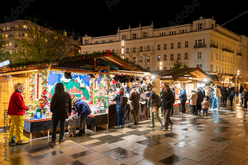Famous christmas market in Budapest Hungary. There is on the Worosmarty square next to the Vaci and Fashion street photo