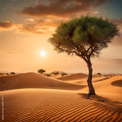 A small green tree stands alone amid a vast sandy desert as the setting sun casts a warm glow over the surreal contrast of lush foliage and barren landscape