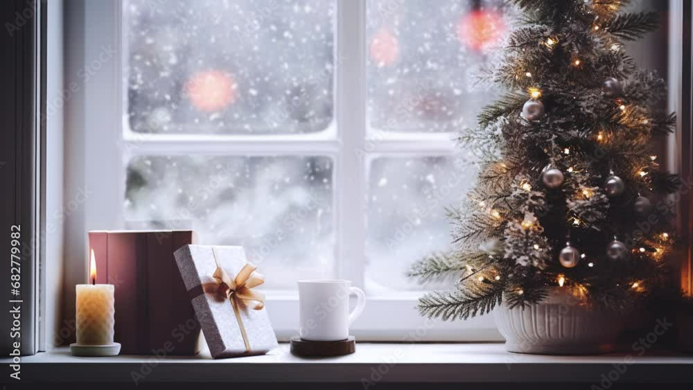 A cozy and warm Christmas decoration background with a snowy Christmas winter landscape, coffee, gifts, candles, and white snow falling outside the window.
