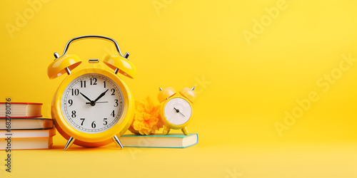 Colourful school supplies and yellow alarm clock on yellow background