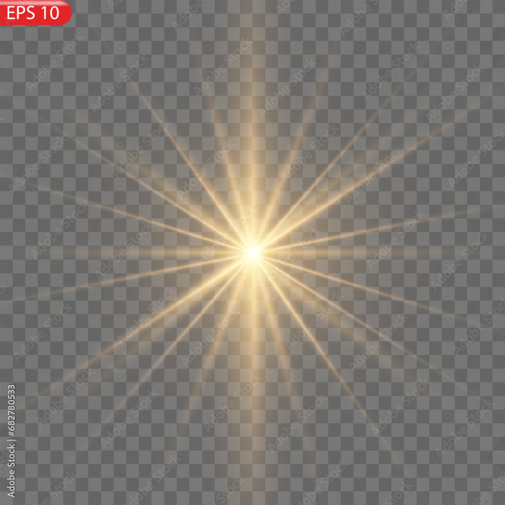 Yellow star. Vector transparent sunlight special lens flash light effect