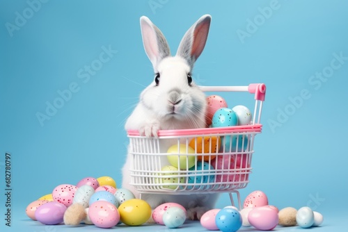 Easter bunny and colorful decorated eggs with grocery cart on a blue background. Happy Easter.