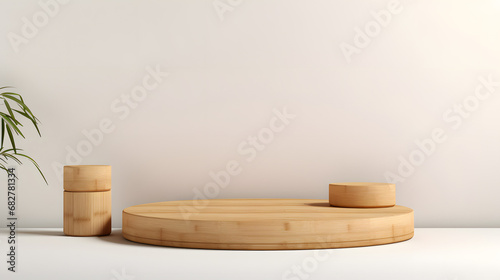 Bamboo product display podium for natural product isolated on white background. Generative AI.