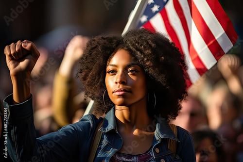 A young determined African American woman in front of the USA flag, positive, proud and confident, protesting against racism, for justice and equality, Black Lives Matter photo