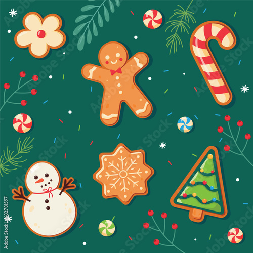 Gingerbread cookies and christmas cookies set.  Christmas Classic biscuit. Cute ginger bread men, tree, snowman, snowflake.  Sweet dessert. Christmas background with gingerbread.