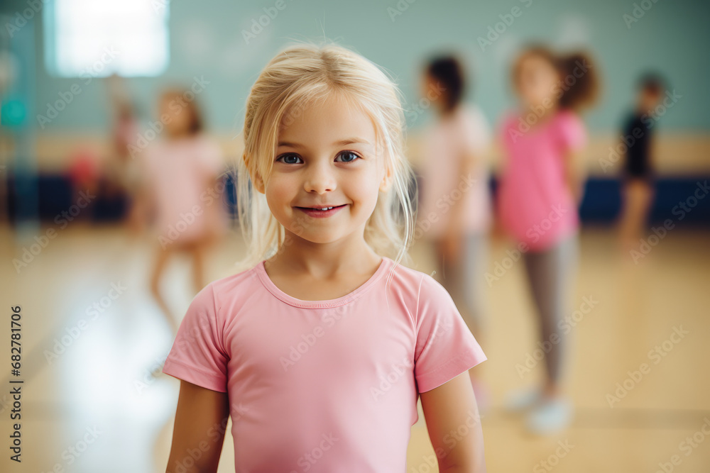 Modern Preschool Gymnastics Class, Pretty Little Girl Gymnast Portrait 