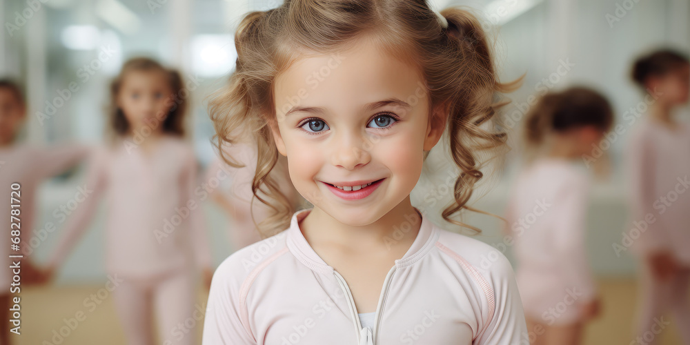 Modern preschool gymnastics class, pretty little girl gymnast portrait ...