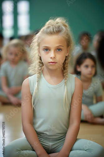 Modern preschool gymnastics class, pretty blond girl vertical gymnast portrait. Sports and rhythmic gymnastics for children, sports section, copy space.