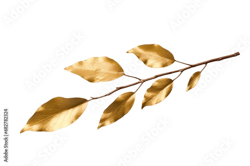 golden tree branch with leaves isolated on a transparent background, a glided...