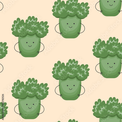Vector Seamless Pattern with Cute Cartoon Funny Broccoli. Children Healthy Nutrition Concept. Baby Vegetable Characters
