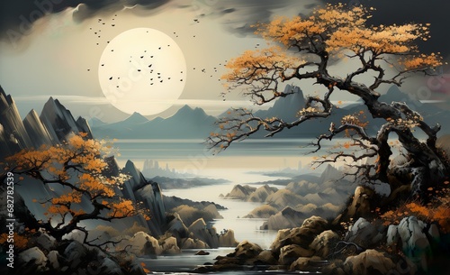 Old style illustration of trees in a monochromatic landscape,
Generative Al
