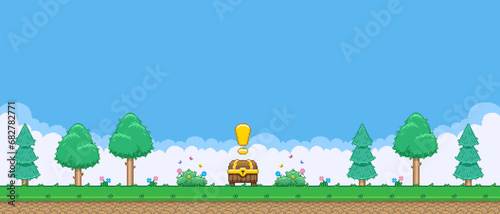 8bit colorful simple vector pixel art horizontal illustration of cartoon quest treasure chest between trees and two flowering bushes in retro video game platformer level style photo