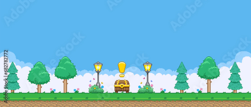 8bit colorful simple vector pixel art horizontal illustration of cartoon quest treasure chest between trees and two street lantern in retro video game platformer level style