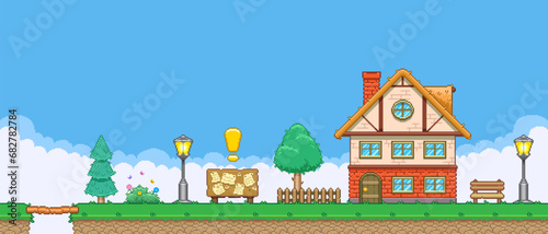 8bit colorful simple vector pixel art horizontal illustration of cartoon quest bulletin board near a two-story building in retro video game platformer level style
