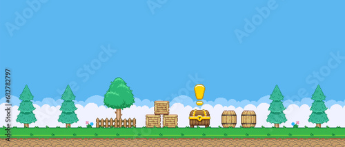 8bit colorful simple vector pixel art horizontal illustration of cartoon quest treasure chest between the trees near the wooden crates and barrel in retro video game platformer level style