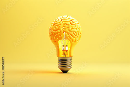 An abstract concept of a brain in a light bulb standing on display, isolated on a yellow background. New creative idea. Generative AI. photo