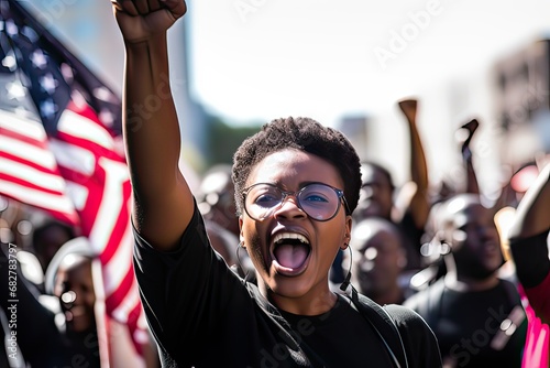 A young determined African American activist woman among crowd, positive, proud and confident, fighting and protesting with hope racism, for rights, justice and equality, Black Lives Matter photo
